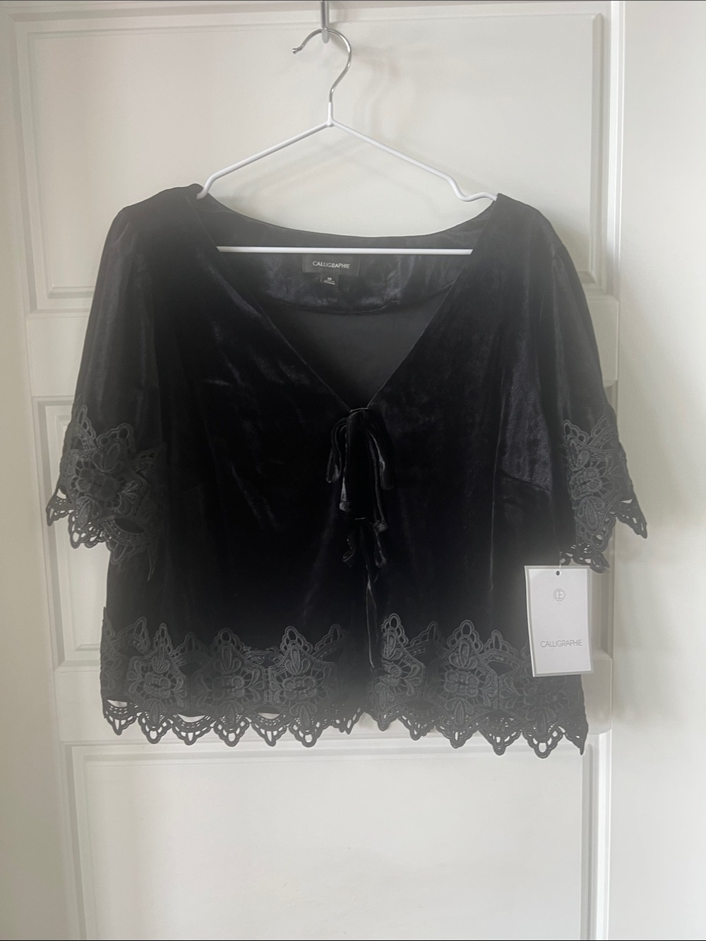 Calligraphie Velvet Tie-Front Blouse with Lace Trim - Black